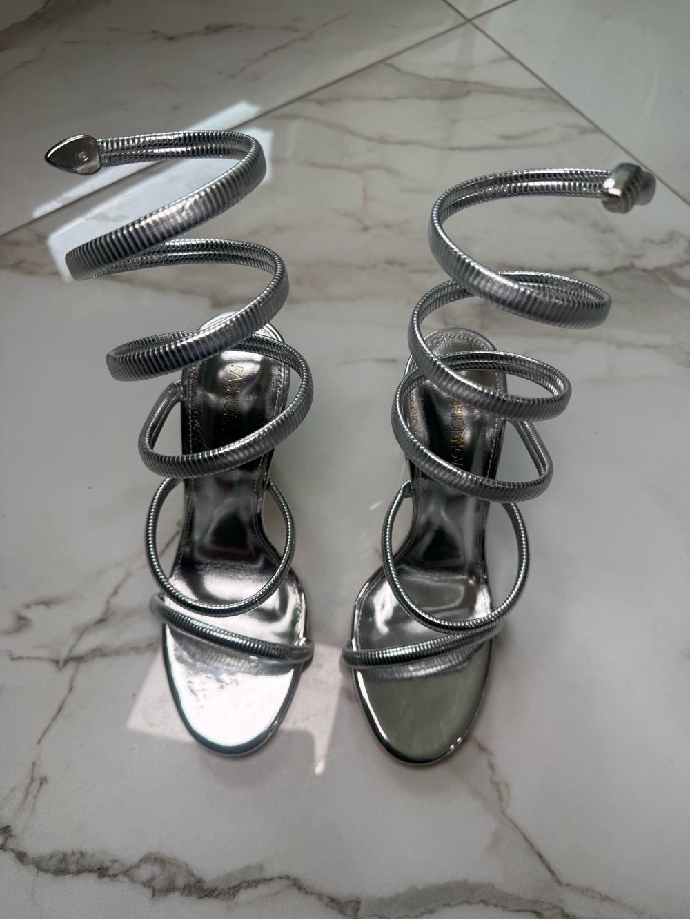 Fashion Nova Metallic Silver Spiral Wrap Heels